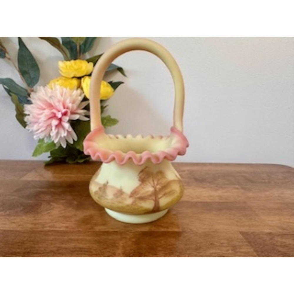 Fenton Burmese Uranium Glass Basket Signed Kay Davis Hand Painted Landscape